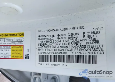 2018 Honda Accord Ex-L from USA, damaged, VIN 1HGCV1F54JA066149